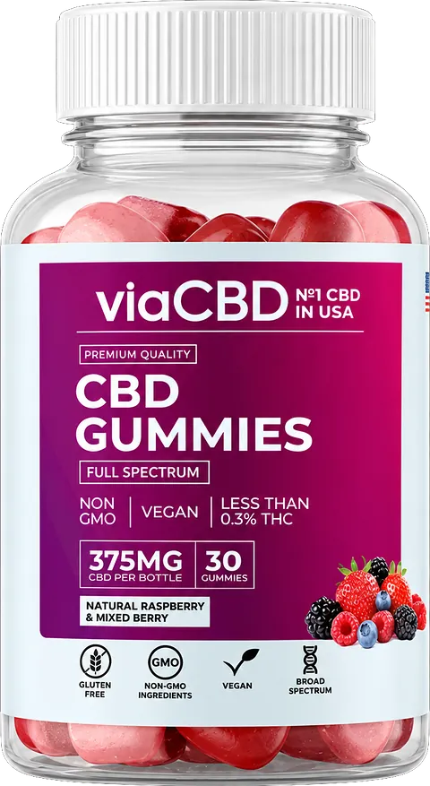 viaCBD CBD Gummies bottle with 30 full-spectrum hemp gummies