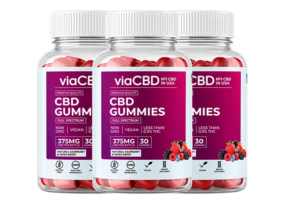 Three bottles of viaCBD Gummies — Buy 2 Get 1 Free package