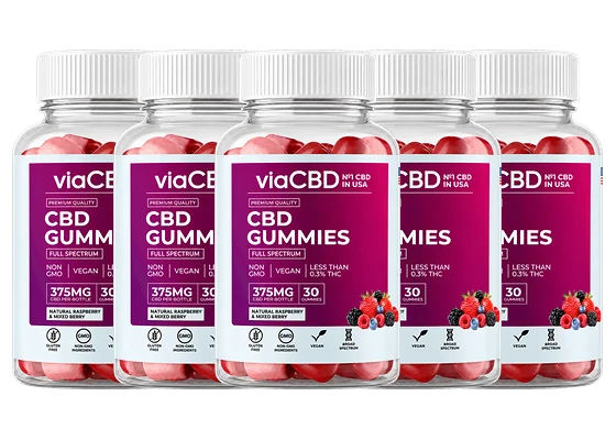 Five bottles of viaCBD Gummies — Buy 3 Get 2 Free package